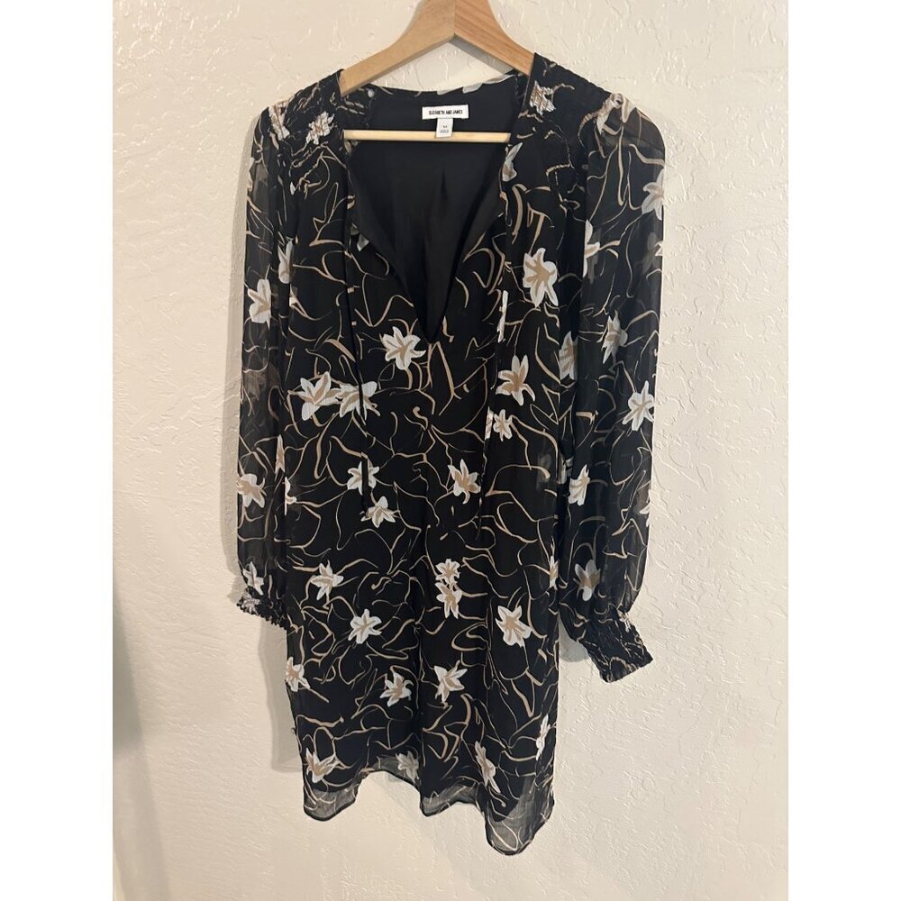 Elizabeth & James Y Black & White Gauzy Floral Long Sleeved Spring Mini Dress - Picture 2 of 11